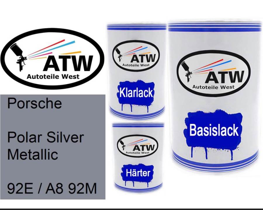 Porsche, Polar Silver Metallic, 92E / A8 92M: 500ml Lackdose + 500ml Klarlack + 250ml Härter - Set, von ATW Autoteile West.